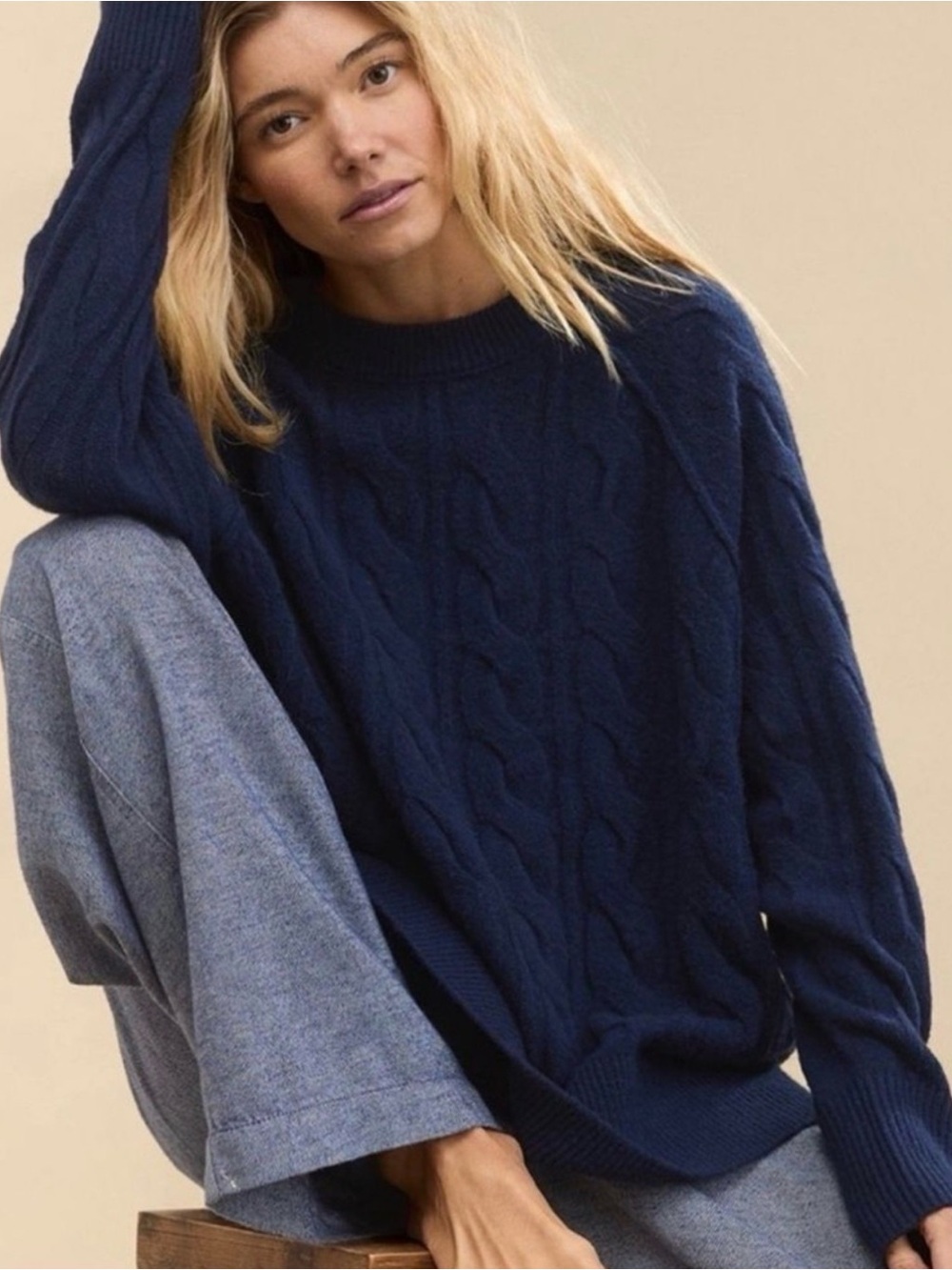 aerie Unreal Navy Cable-Knit Crew Sweater